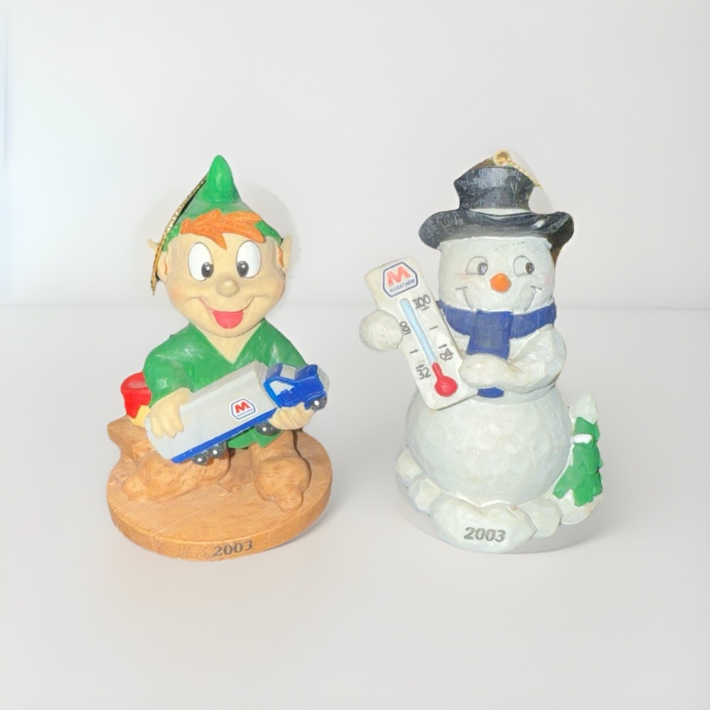 Vintage Marathon Oil 2003 Christmas Ornaments Series 3 Elf and Snowman Set of 2